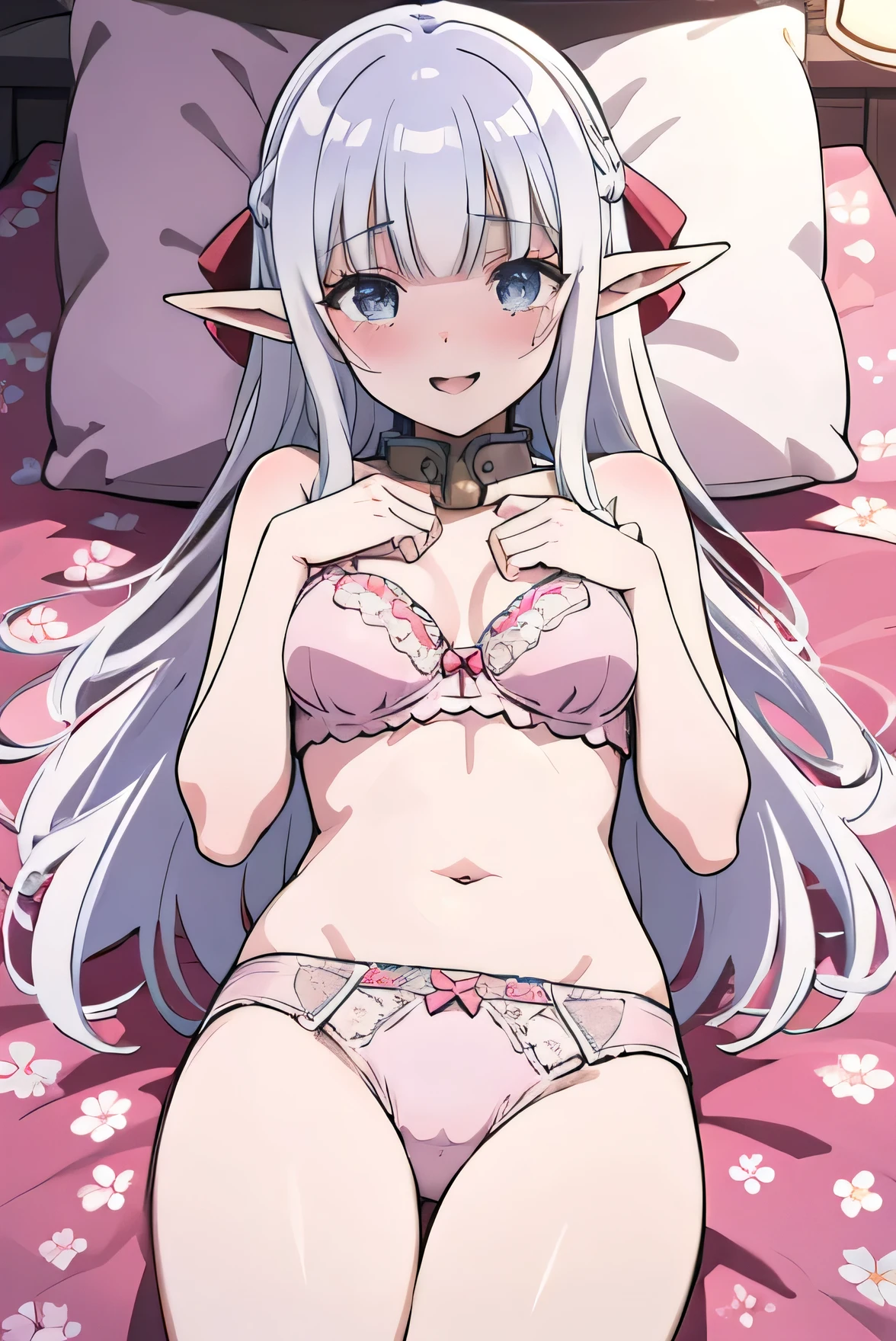 Masterpiece、Anime Coloring、Ultra fine、、Open your mouth wide、cowboy shot、looking at the camera、smile、blush、Watery eye、((Pink floral underwear、 underwear))、Lying in bed、sunny、Gray Hair、Long Hair、Elf Ears