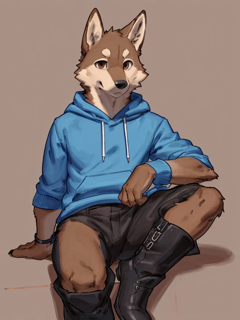 ((Best quality, masterpiece, detailed anatomy, detailed eyes, detailed hands, perfect lighting, perfect shading.)), by Buta99, by Meesh, 1male, Wolf, brown furs, tight body, dark brown eyes, skinny chub body, young body, blue sleeveless hoodie, black pants, brown boots, at the white background 