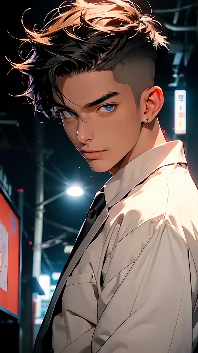 highest quality, 8K, high resolution image, anime style Jujutsu Kaisen, detailed strokes, slightly tanned skin, blurry, purple light reflecting from it, (close angle), 1 man, young, male, model, cool guy, muscular, blue Eyes, brown very short hair, brown hair, short hair, hairstyle: undercut, hair slicked back, swollen chest, he is wearing a white shirt with high shirt collar, black suit trousers,, hand in trouser pocket, gold link chain, background: city, Tokyo, business district