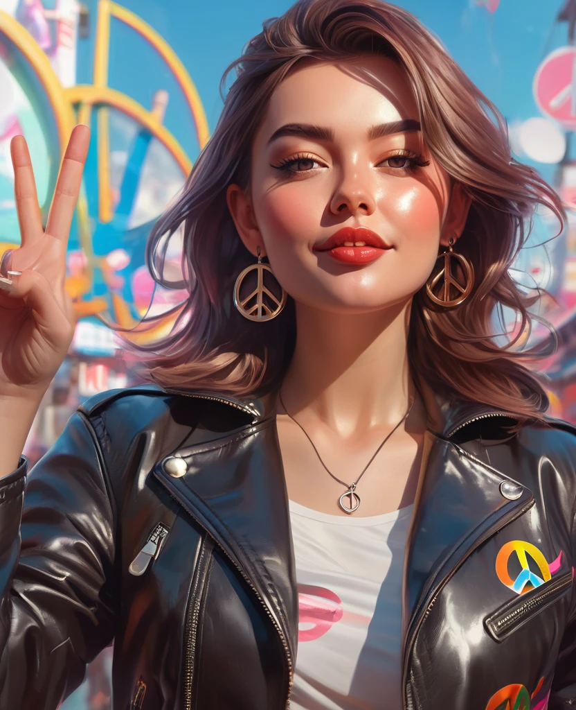 a close up of a funny woman in a leather jackets holding a peace sign, cushart krenz key art feminine, offcial artwork, offcial art, Character Profile Art, Trading Card Art, artwork in the style of z.w. To, rutkowski ilya krenz nixeu wlop, official character art, loadscreen”, wojtek fus