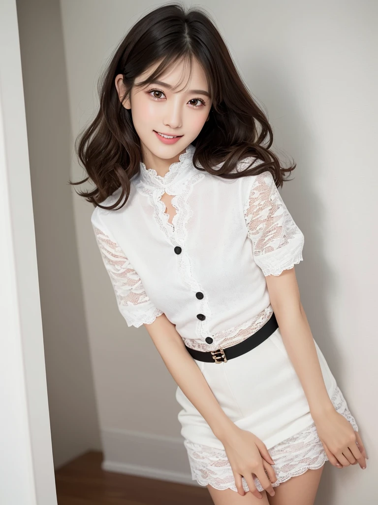 (Highest quality:1.9)、(High resolution)、Live-action image quality、((20-year-old woman、1 person))、Soft lighting by a professional photographer、Natural light、((Very spacious white luxurious room:1.6))、((Bright white room:1.6))、(Standing in front of a very luxurious white bed:1.2)、(White bookshelf background:1.1)、Natural soft light、((Black Hair Color:1.1))、Fair skin、Detailed Eyes、double eyelid、Slightly puffy cheeks、((Small Face:1.0))、((White lace short sleeve shirt、Please wear it with the chest open.:1.7))、((White and black striped skirt:1.2))、(Cute Smile)、((Girly pose 1.8))、((Long curly hair:1.1))、((Full Body Shot:1.2))、((Height: 165cm))、Hands in front、Hold hands between legs、