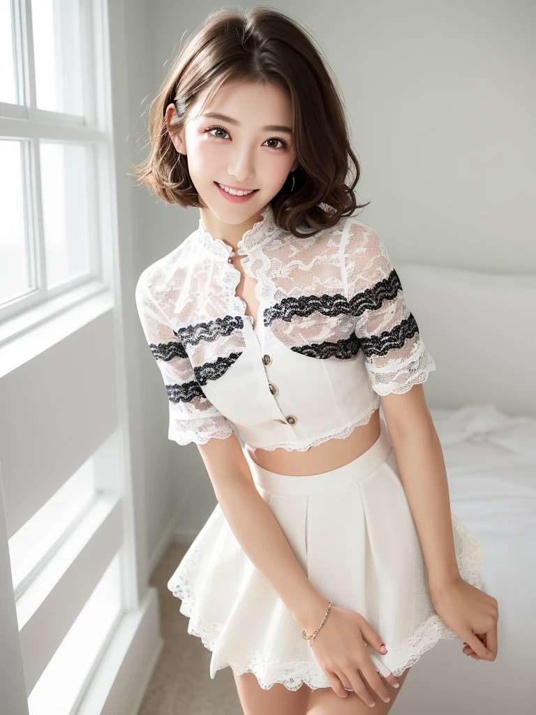 (Highest quality:1.9)、(High resolution)、Live-action image quality、((20-year-old woman、1 person))、Soft lighting by a professional photographer、Natural light、((Very spacious white luxurious room:1.6))、((Bright white room:1.6))、(Standing in front of a very luxurious white bed:1.2)、(White bookshelf background:1.1)、Natural soft light、((Black Hair Color:1.1))、Fair skin、Detailed Eyes、double eyelid、Slightly puffy cheeks、((Small Face:1.0))、((White lace short sleeve shirt、Please wear it with the chest open.:1.7))、((White and black striped skirt:1.2))、(Cute Smile)、((Girly pose 1.8))、((Long curly hair:1.1))、((Full Body Shot:1.2))、((Height: 165cm))、Hands in front、Hold hands between legs、