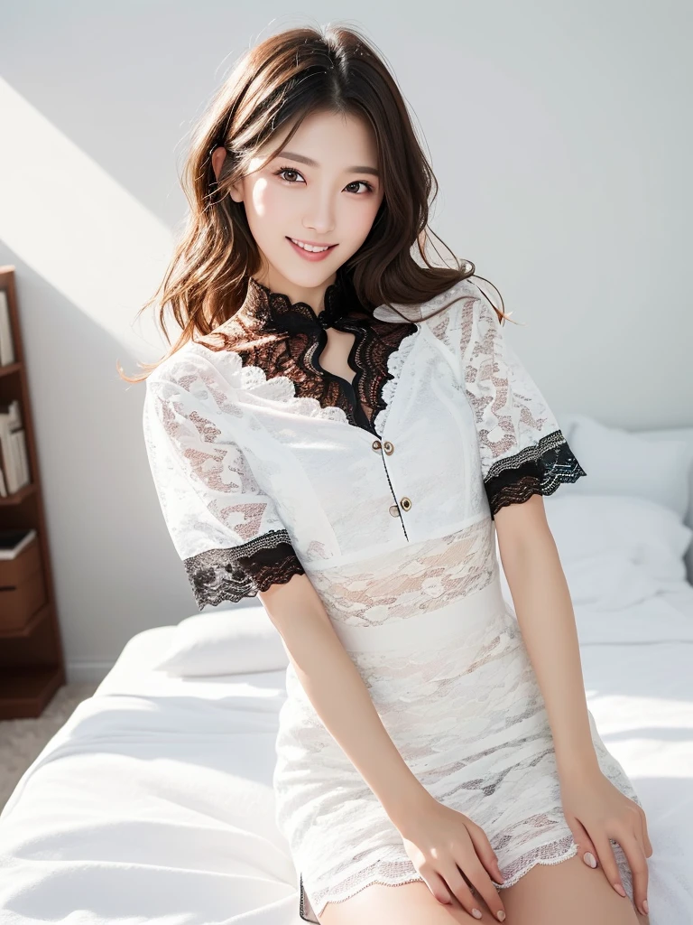 (Highest quality:1.9)、(High resolution)、Live-action image quality、((20-year-old woman、1 person))、Soft lighting by a professional photographer、Natural light、((Very spacious white luxurious room:1.6))、((Bright white room:1.6))、(Standing in front of a very luxurious white bed:1.2)、(White bookshelf background:1.1)、Natural soft light、((Black Hair Color:1.1))、Fair skin、Detailed Eyes、double eyelid、Slightly puffy cheeks、((Small Face:1.0))、((White lace short sleeve shirt、Please wear it with the chest open.:1.7))、((White and black striped skirt:1.2))、(Cute Smile)、((Girly pose 1.8))、((Long curly hair:1.1))、((Full Body Shot:1.2))、((Height: 165cm))、Hands in front、Hold hands between legs、