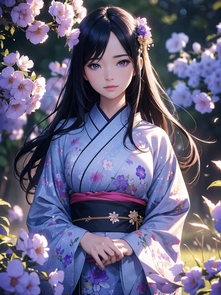 a beautiful woman in a kimono with long japanese black hair,standing in a field of blooming blue morning glory flowers,sparkling amethyst eyes,(best quality,4k,8k,highres,masterpiece:1.2),ultra-detailed,(realistic,photorealistic,photo-realistic:1.37),HDR,UHD,studio lighting,ultra-fine painting,sharp focus,physically-based rendering,extreme detail description,professional,vibrant colors,dramatic lighting,elegant,serene,photorealistic