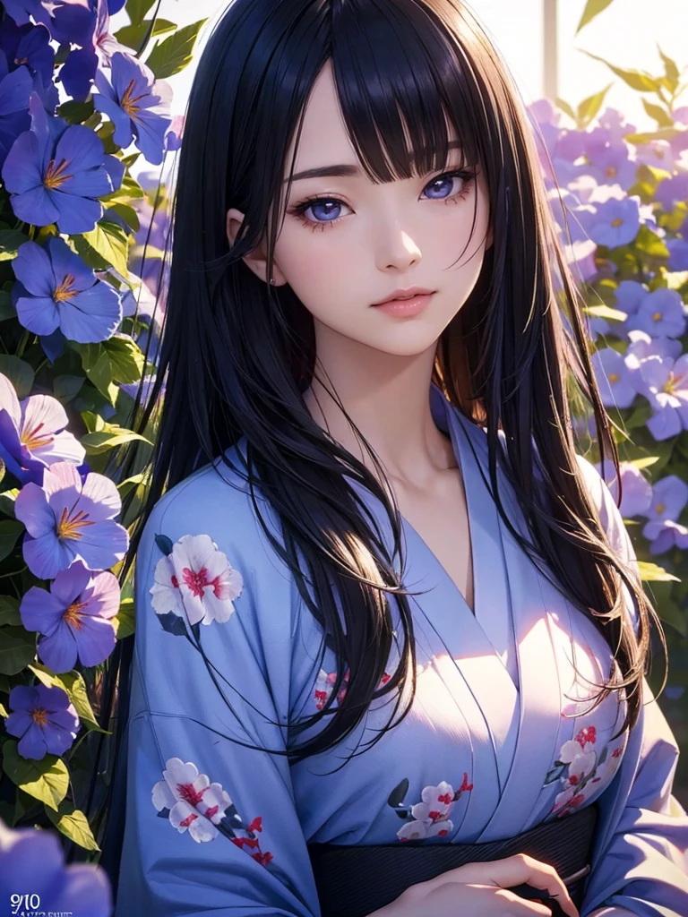 a beautiful woman in a kimono with long japanese black hair,standing in a field of blooming blue morning glory flowers,sparkling amethyst eyes,(best quality,4k,8k,highres,masterpiece:1.2),ultra-detailed,(realistic,photorealistic,photo-realistic:1.37),HDR,UHD,studio lighting,ultra-fine painting,sharp focus,physically-based rendering,extreme detail description,professional,vibrant colors,dramatic lighting,elegant,serene,photorealistic