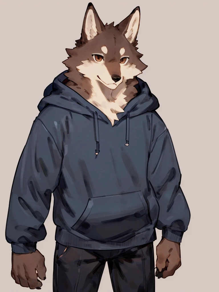 ((Best quality, masterpiece, detailed anatomy, detailed eyes, detailed hands, perfect lighting, perfect shading.)), by Buta99, by Bebebebebe, 1male, Wolf, brown furs, tight body, dark brown eyes, skinny chub body, young body, blue sleeveless hoodie, black pants, brown boots, at the white background 
