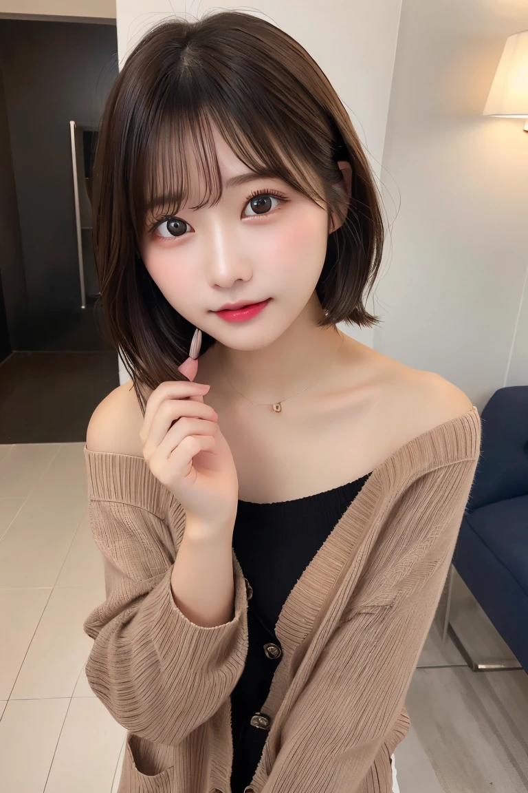 Highest quality、(beautiful)、Precision Eyes、Fine skin、Brown eyes、22-year-old female、Brown Hair、looking at the camera、Gal、Semi-short hair、Long sleeve cardigan、Selfie、Precision Hands、Open your mouth、Off the shoulder、Removed button