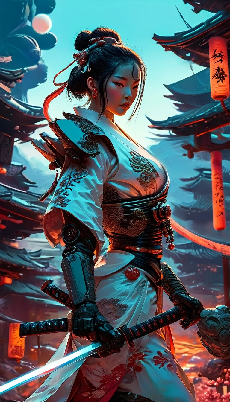 Vector art, Vector graphics. Dark Sci-Fi. Feudal Japanese style、A sci-fi setting on an alien planet in another galaxy. Android Geisha, Samurai with a sword, female space marine. Dynamic Techniques, Film Grain, Depth of written boundary, High resolution, Beautiful lighting, Turn off nsfw