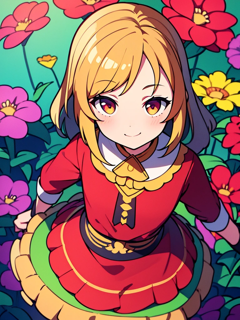 masterpiece, Highest quality, One girl, Podenko, a flowerpot, A small smile, Multicolored background, flower, Dynamic Color,