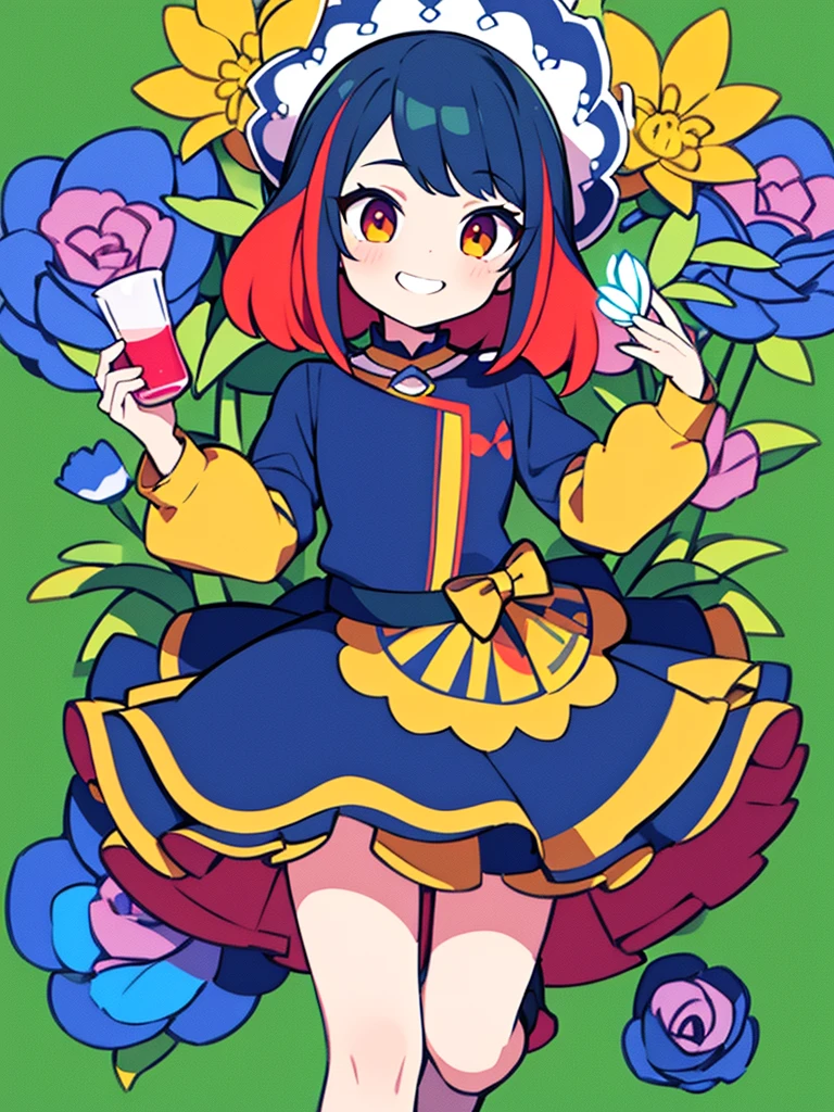 masterpiece, Highest quality, One girl, Podenko, a flowerpot, A small smile, Multicolored background, flower, Dynamic Color,