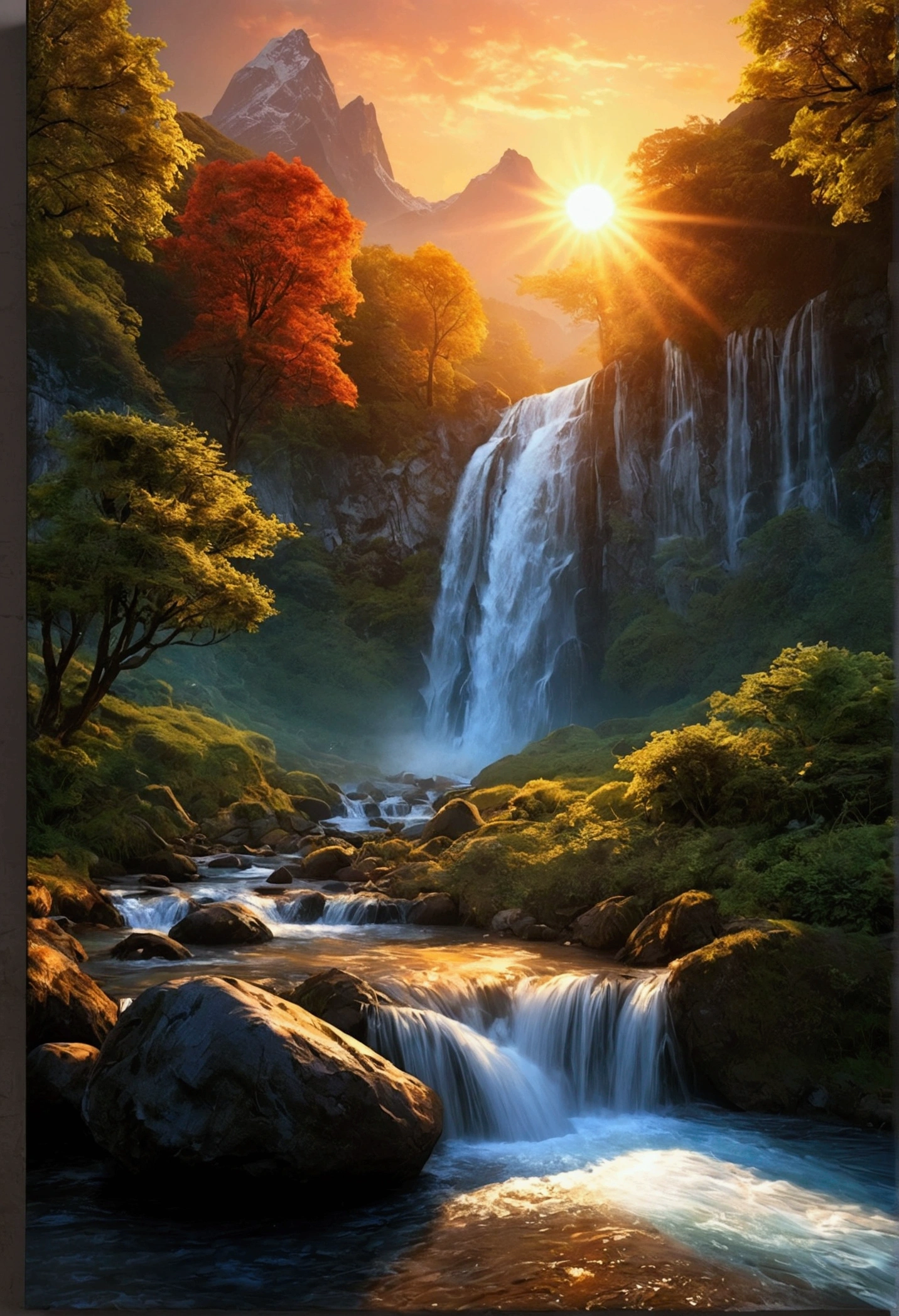 landscape,Dawn Sun,waterfall,Mountain stream,Mysterious glow,8K,High-definition and detailed depiction.