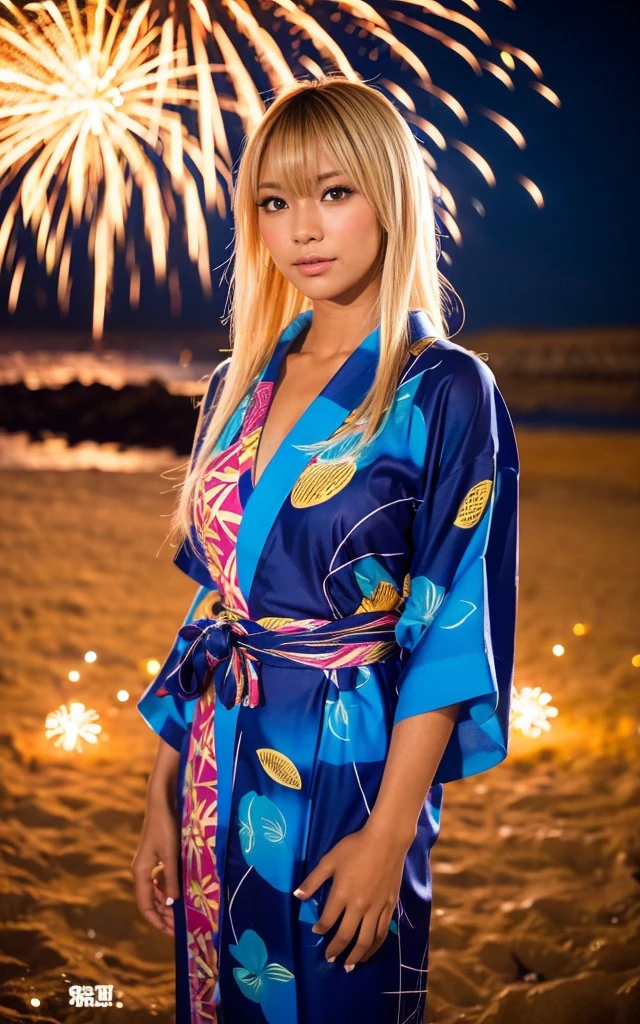 gyaru, dark-skinned, shiny oiled skin, blond hair, wearing vivid yukata, standing in seaside beach, dark-night, deep fog, orange lanthanum light, Fireworks Festival Venue, Fireworks in the background, cinematic lighting, full body shot