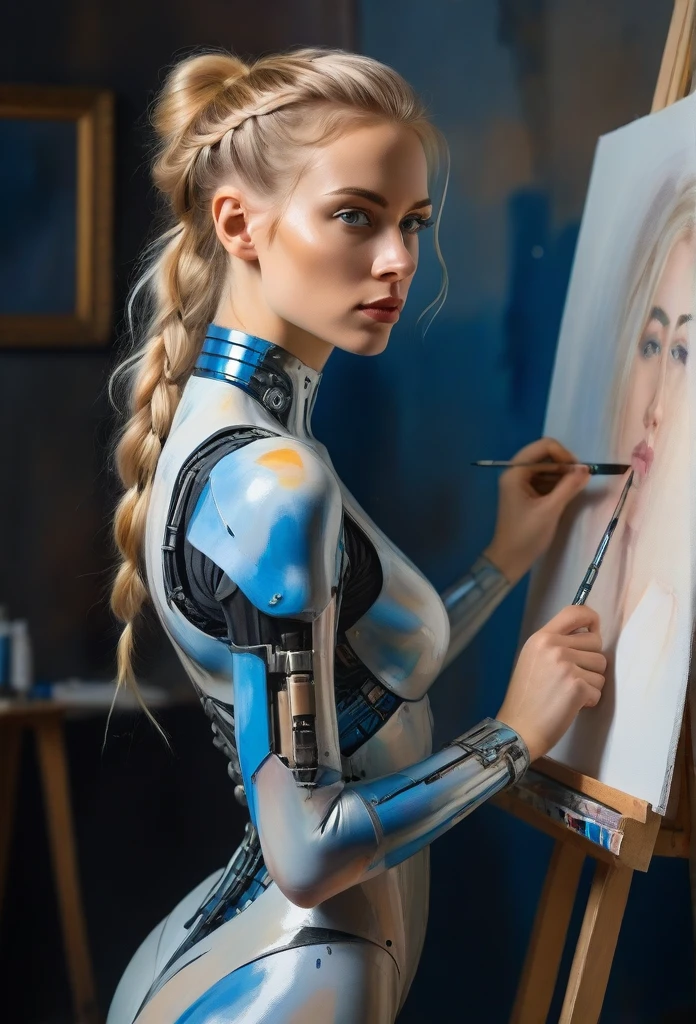 The easel, the paints, the artist, standing Full-length, Sexy cyborg woman drawing self-portrait in oil paints, french braid, blonde hair
