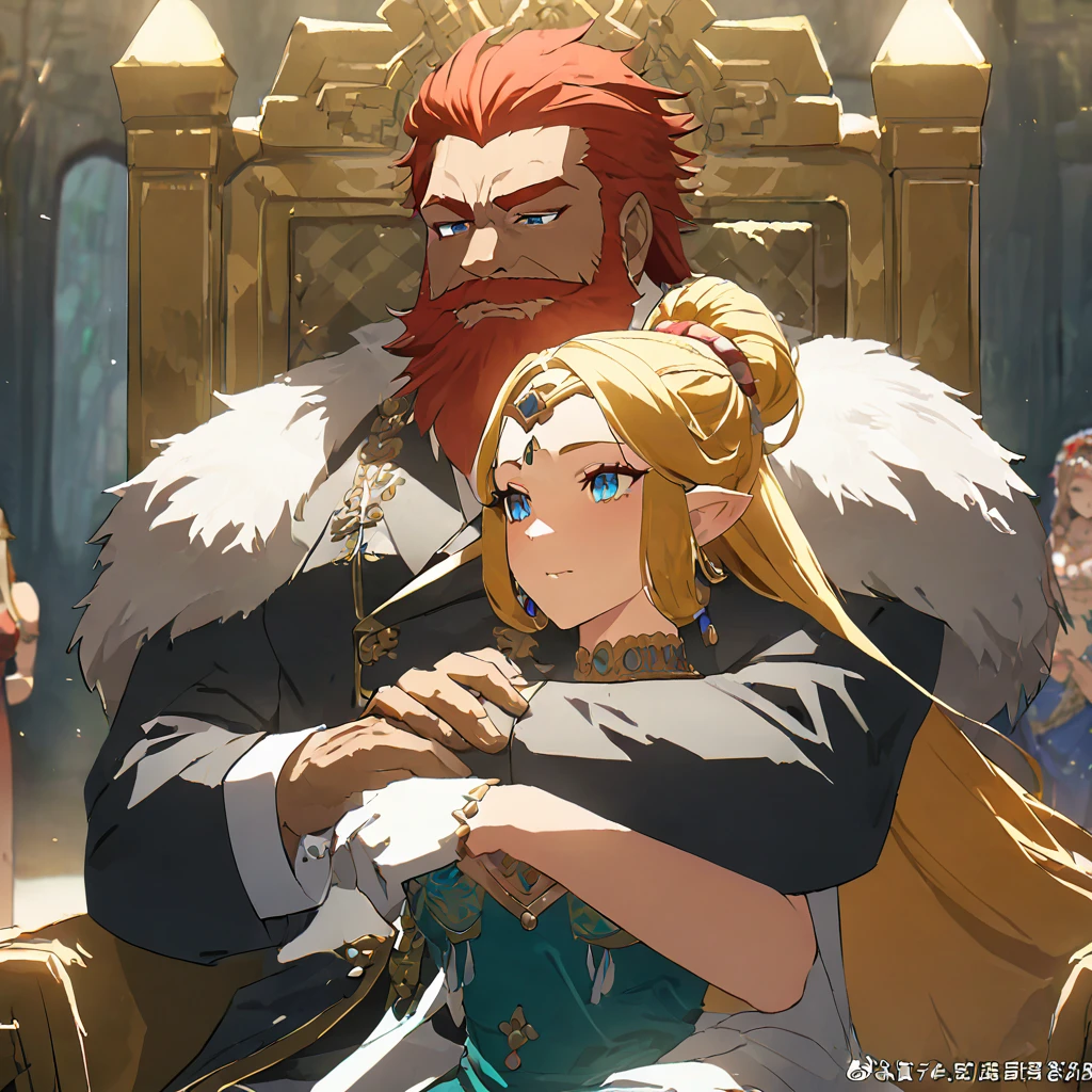 ((Highest quality)), ((masterpiece)), (detailed), （Perfect Face）、The woman is Queen Zelda of the Gerudo tribe, with blonde hair and blue eyes, and is wearing the luxurious dress of the Gerudo queen.、The man is a dignified, middle-aged man with a beard, strong red hair and dark skin, King Ganondorf, the king of the Gerudo tribe, and is wearing the luxurious attire of the Gerudo king.、A man and a woman are embracing each other on the luxurious throne of the Gerudo royal family.、A queen and a king in love