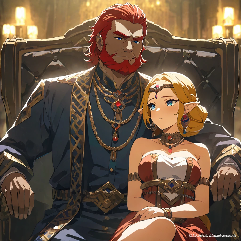 ((Highest quality)), ((masterpiece)), (detailed), （Perfect Face）、The woman is Queen Zelda of the Gerudo tribe, with blonde hair and blue eyes, and is wearing the luxurious dress of the Gerudo queen.、The man is a dignified, middle-aged man with a beard, strong red hair and dark skin, King Ganondorf, the king of the Gerudo tribe, and is wearing the luxurious attire of the Gerudo king.、A man and a woman are embracing each other on the luxurious throne of the Gerudo royal family.、A queen and a king in love