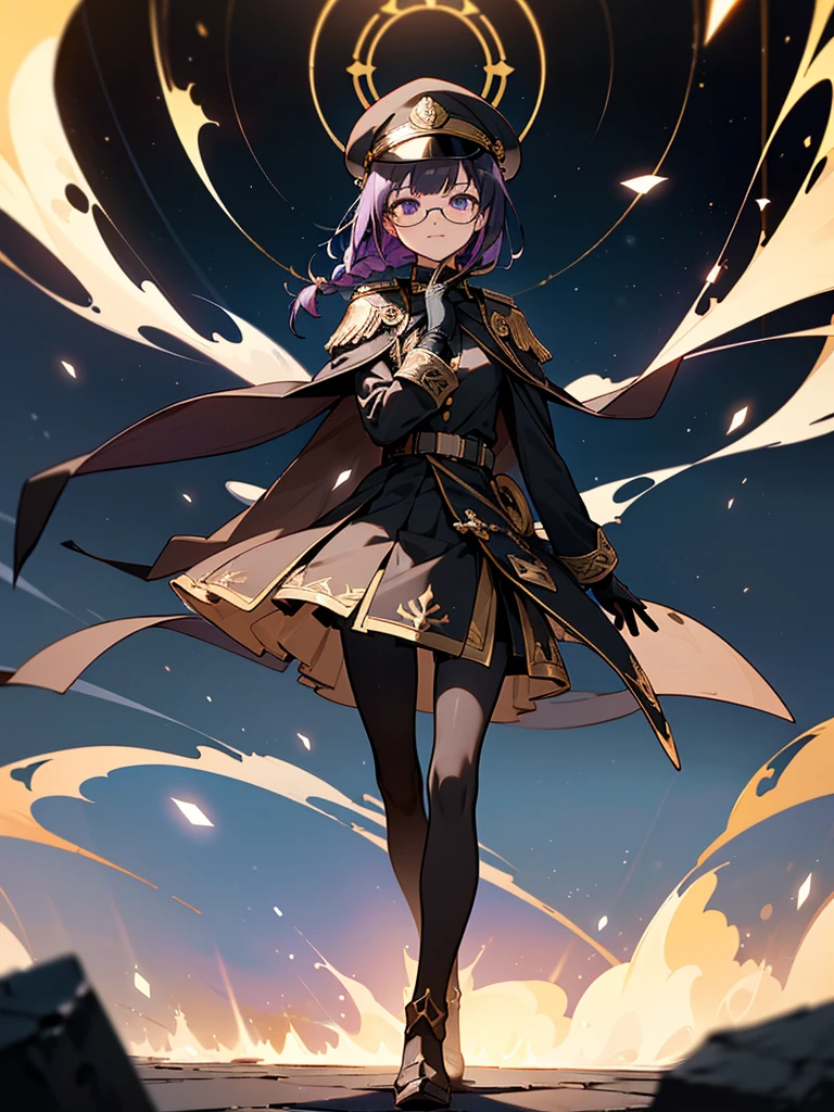 realisitic, City Deserted, Pile of rubble, Brick building, a one woman (18 years old, far away blackw hair, far away slits, Eyes red, glare eyes, 精致的面容, standing (In floor, feet shoulder-width apart), Lolita style military uniform (blackw base, blue Insert, golden decoration, volantes, wide sleeves, dainty and delicate detailing armors), blackw far away gloves (blackw, blue Insert, golden decoration, small hands, armors), blackw far away gloves, knee high boots (blackw, high-heels, red soles), ha (blackw, aba dourada, shield emblem, delicate details), arms in front, Front of belly, Holding military swords with both hands (blackw, golden decoration, delicate detail, Handle at the top, Ground-facing blade, in front of the body, far away), night sky (blackw, stele, Increased flames and smoke) Pale painting style, One Girl, super high quality, Super Detail, Super Detailed image, long hair, looking at viewer, skirt, shirt, hair ornament, violet eyes, gloves, round glasses, long sleeves, hat, closed mouth, jacket, violet hair, braid, open clothes, necktie, black gloves, black skirt, uniform, single braid, open jacket, black jacket, black headwear, 手链, peaked cap, black necktie, cropped jacket, military hat, pantyhose, Flat Chest, smile, Black Cape
