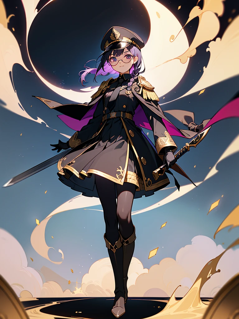 realisitic, City Deserted, Pile of rubble, Brick building, a one woman (18 years old, far away blackw hair, far away slits, Eyes red, glare eyes, 精致的面容, standing (In floor, feet shoulder-width apart), Lolita style military uniform (blackw base, blue Insert, golden decoration, volantes, wide sleeves, dainty and delicate detailing armors), blackw far away gloves (blackw, blue Insert, golden decoration, small hands, armors), blackw far away gloves, knee high boots (blackw, high-heels, red soles), ha (blackw, aba dourada, shield emblem, delicate details), arms in front, Front of belly, Holding military swords with both hands (blackw, golden decoration, delicate detail, Handle at the top, Ground-facing blade, in front of the body, far away), night sky (blackw, stele, Increased flames and smoke) Pale painting style, One Girl, super high quality, Super Detail, Super Detailed image, long hair, looking at viewer, skirt, shirt, hair ornament, violet eyes, gloves, round glasses, long sleeves, hat, closed mouth, jacket, violet hair, braid, open clothes, necktie, black gloves, black skirt, uniform, single braid, open jacket, black jacket, black headwear, 手链, peaked cap, black necktie, cropped jacket, military hat, pantyhose, Flat Chest, smile, Black Cape
