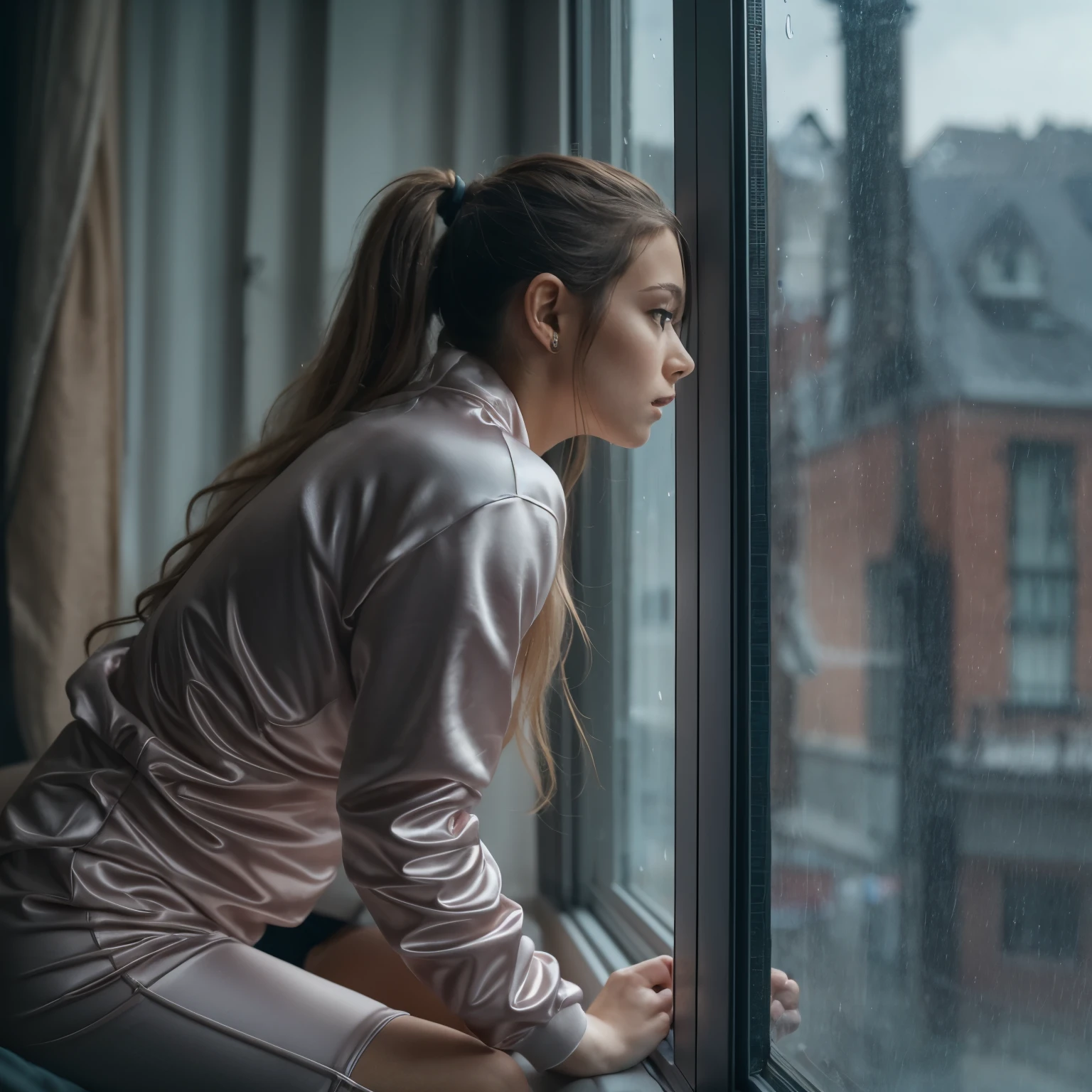 A young girl looks through a window and it is raining outside, she leans on the windowsill, she is wearing a sexy satin jogging suit,4K, sexy Ass, candid ass,