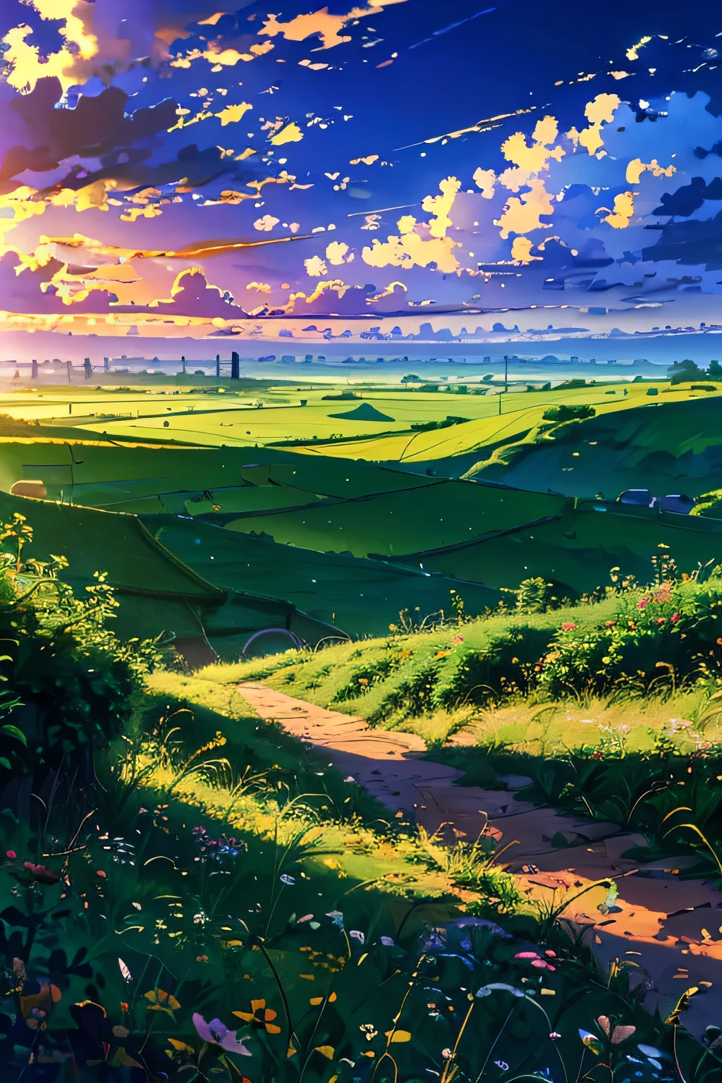 kids flying kites in the evening, detailed clouds, field, cows grazing, flowers, houses at distance, fences