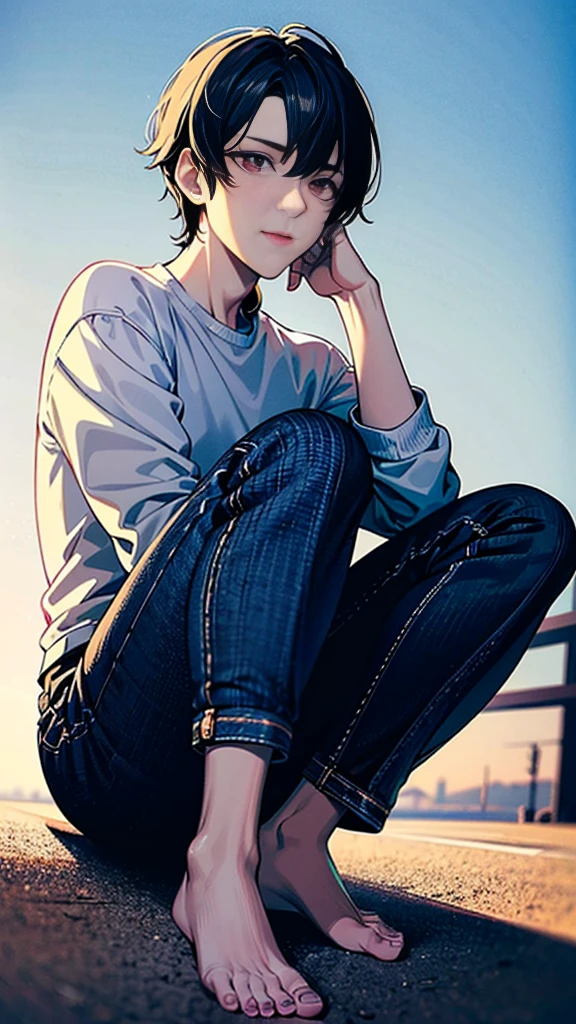 The person is also generated vertically.Background is a little horror.Create a highly detailed image of a mysterious and thoughtful young man in a crouched position. The character should have spiky black hair, large expressive eyes with dark circles, and a pale complexion. He is dressed in a loose-fitting white long-sleeve shirt and dark blue jeans. His pose is distinctive, with one hand near his mouth and the other resting on the ground for balance, and he is barefoot. 