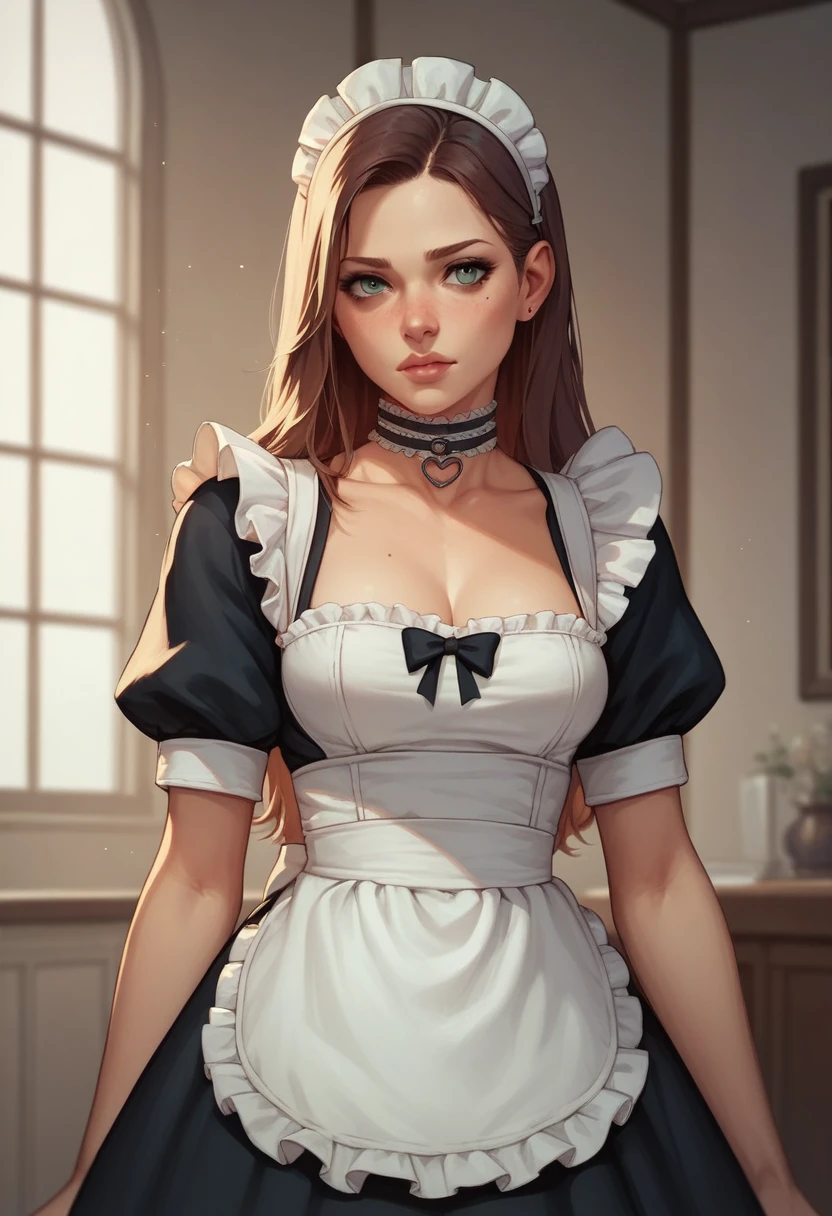 choker, Maid's Headdress, Black kimono, Wide sleeves, Frills, heart, White apron, Sleeves are longer than the wrist, skirt, red skirt, Brown footwear, Cross-laced shoes、Huge breasts、Cleavage、White micro bikini、blush、Sweat、In the heat、Upper Body、Staring at the penis with a shocked expression、A huge penis covers my eyes、Touching the penis with your hand
