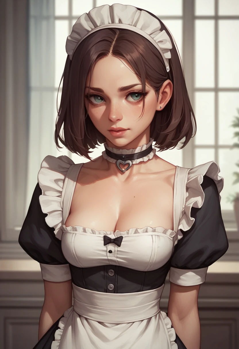 choker, Maid&#39;s Headdress, Black kimono, Wide sleeves, Frills, heart, White apron, Sleeves are longer than the wrist, skirt, red skirt, Brown footwear, Cross-laced shoes、Huge breasts、Cleavage、White micro bikini、blush、Sweat、In the heat、Upper Body、Staring at the penis with a shocked expression、A huge penis covers my eyes、Touching the penis with your hand
