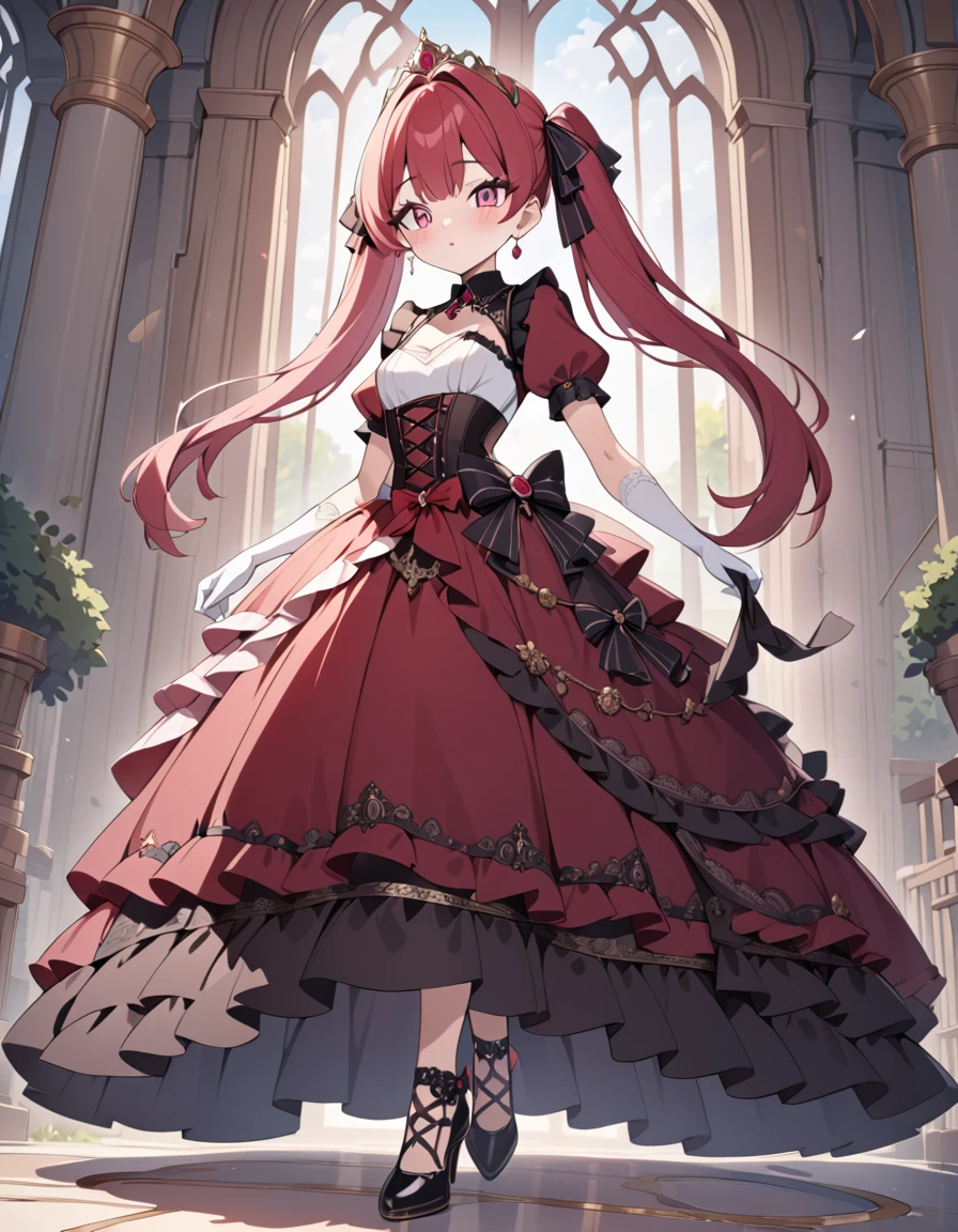 (best quality,4k,8k,highres,masterpiece:1.2),ultra-detailed, Pretty princess, drawn in anime style, is cute and joyful, long red pigtails hair, pink eyes, small breast, lipstick, makeup, pink eyeshadow, steampunk, red and white princess gown with puffy sleeves, Dominant shades of red, physically-based rendering,gorgeous dress design,flowing gown,elaborate lace details,rich textures,contrast stitching,delicate ribbon bows,floral accents,long maxi skirt,short sleeves,fitted waistline,lace-up back,luxurious fabrics,flawless silhouette, petticoat, bustle, corset, hair ribbons, white elbow gloves, ruby earrings and necklace, gold tiara, high heels, holding a lacy umbrella, walking in castle garden, beautiful sunny and cloudy sky.