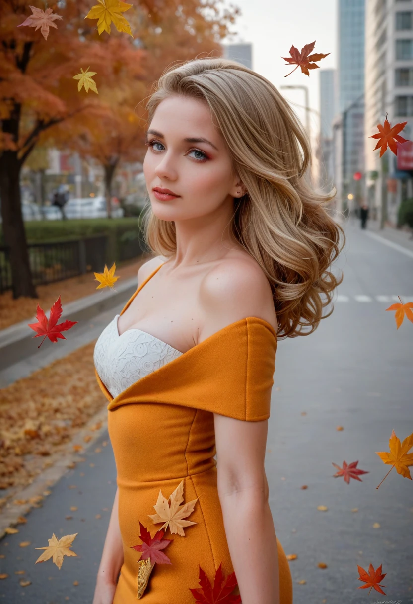 Jenna Fischer, blonde, 25 years old, very classy, model fashion shoot, hair down, bangs, hair between eyes, wearing tube mini dress, (outdoors, new york, autumn setting, autumn leaves), beautiful eyes, flirting with the camera, gorgeous hair, flirty, makeup, 135mm, Canon, f/16, UHD, anatomically correct, masterpiece, textured skin, super detail, high details, high quality, highres, 8k