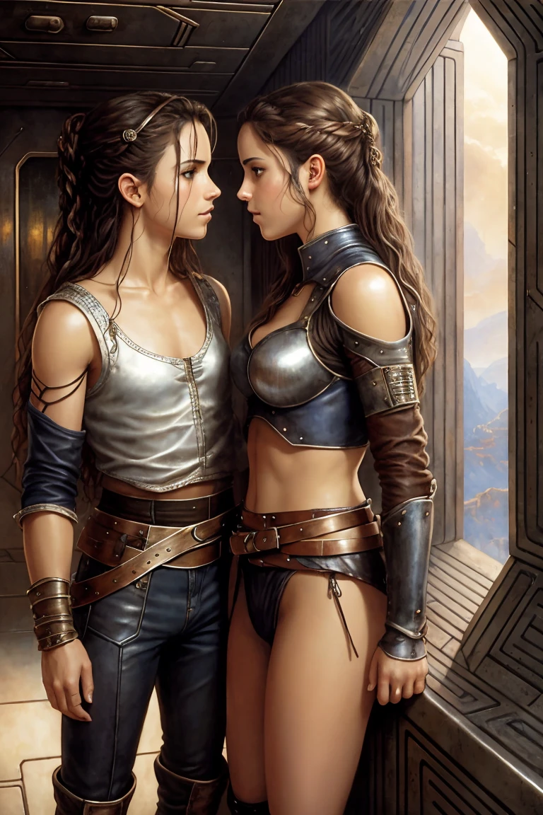 masterpiece. detailed epic fantasy oil painting. 4K. dark environment. A beautiful pair of twins Rey Skywalker. sparkling brown eyes. sporty. silver belt, boots. stylish leather costume, ripped latex jeans. tactical boots. Summer heat. leaning against the wall in the spaceship. . complicated spaceship interior, Labyrinth, Subscribe to, Luis-Royo-Stil. Background her twin sister. embrace, looking at each other gently. sweet kiss on the cheek. corresponding kiss on the cheek.