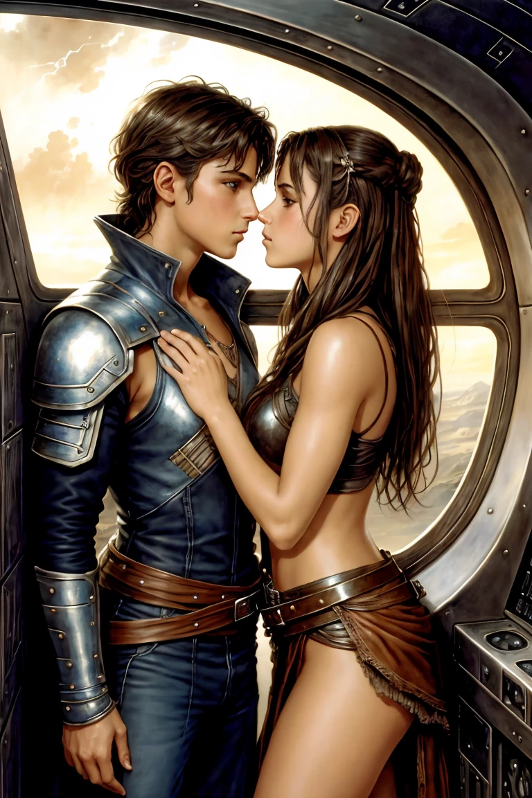 masterpiece. detailed epic fantasy oil painting. 4K. dark environment. A beautiful pair of twins Rey Skywalker. sparkling brown eyes. sporty. silver belt, boots. stylish leather costume, ripped latex jeans. tactical boots. Summer heat. leaning against the wall in the spaceship. . complicated spaceship interior, Labyrinth, Subscribe to, Luis-Royo-Stil. Background her twin sister. embrace, looking at each other gently. sweet kiss on the cheek. corresponding kiss on the cheek.
