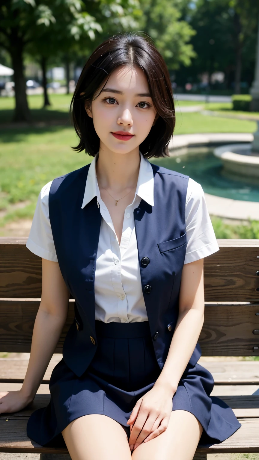 最high quality, In 8K, Masseter region, Vibrant, Sharp focus, high quality, High resolution, Detailed face, fine grain, Thick lips, (Looking at the audience), alone, Beautiful woman, 38 years old, Japanese women, (Short black hair:1.4)、(Bob Hair:1.4), Cleavage, Lunch break、Large city park、Green Grass、In front of a big fountain、(sitting on a park bench:1.3)、(Full body photo:1)、(Japanese women)、(Mitsubishi Bank uniform:1.8), (She is wearing a dark blue vest over a white blouse:1.5), The vest has three gold buttons, (red, Blue and white ribbon around neck)、(Knee-length dark blue skirt)、(Black pumps:1.5)、(red lipstick:1)、(smile:1.3)、(standard body type)、(D cup breasts)
