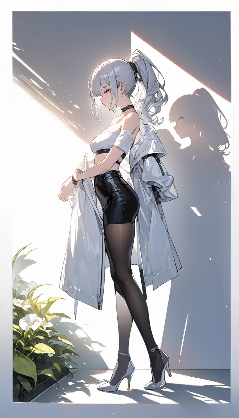 best quality　masterpiece　high resolution　Silver Hair、Ponytail　a character portrait　　G cup　emphasize　shadow　Tube Top　Black tight skirt、　Put on a white coat　High heel　Intelligent face　background、garden　Backlight　contour