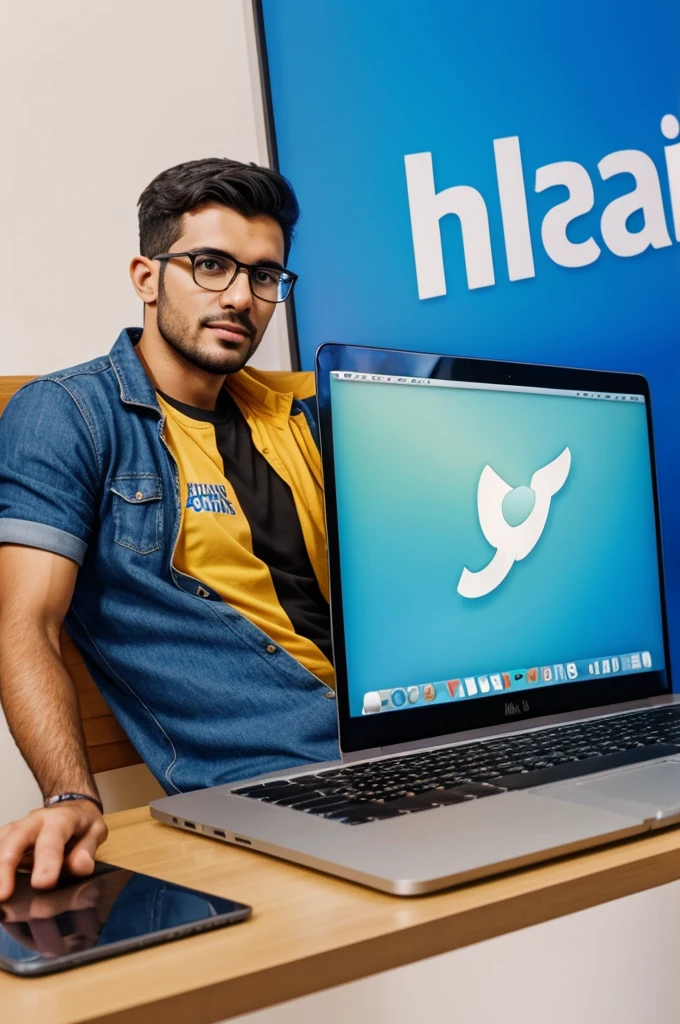 Create a 3d illustration featuring a realistic man, casually sitting with a blue apple MacBook beside of a social media logo specially WhatsApp the character should looks like he is digital marketer, Graphic designer and entrepreneur, background of the image should showcase a social media profile page real data. Username ‘Shoib Alyan Hadawall’and a matching profile picture. He have 100k followers.”