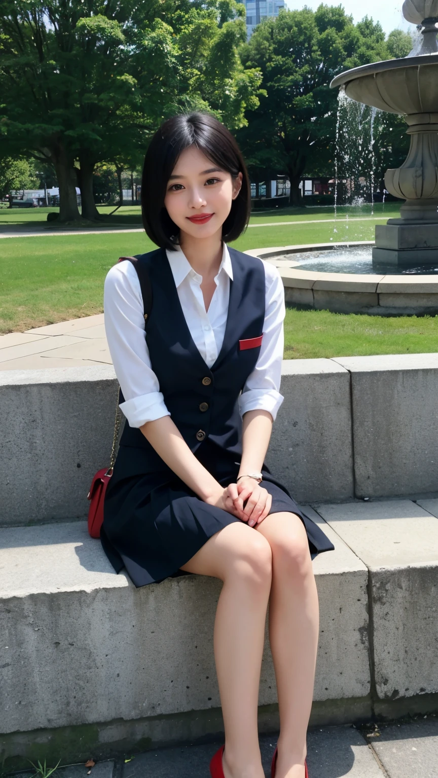 最high quality, In 8K, Masseter region, Vibrant, Sharp focus, high quality, High resolution, Detailed face, fine grain, Thick lips, (Looking at the audience), alone, Beautiful woman, 38 years old, Japanese women, （Short black hair:1.4）、（Bob Hair:1.4）, Cleavage, Lunch break、Large city park、Green Grass、In front of a big fountain、（sitting on a park bench:1.3）、（Full body photo:1）、（Japanese women）、（Mitsubishi Bank uniform:1.8）, （She is wearing a dark blue vest over a white blouse:1.5）, The vest has three gold buttons, （red, Blue and white ribbon around neck）、（Knee-length dark blue skirt）、（Black pumps:1.5）、（red lipstick:1）、（smile:1.3）、（standard body type）、（D cup ）