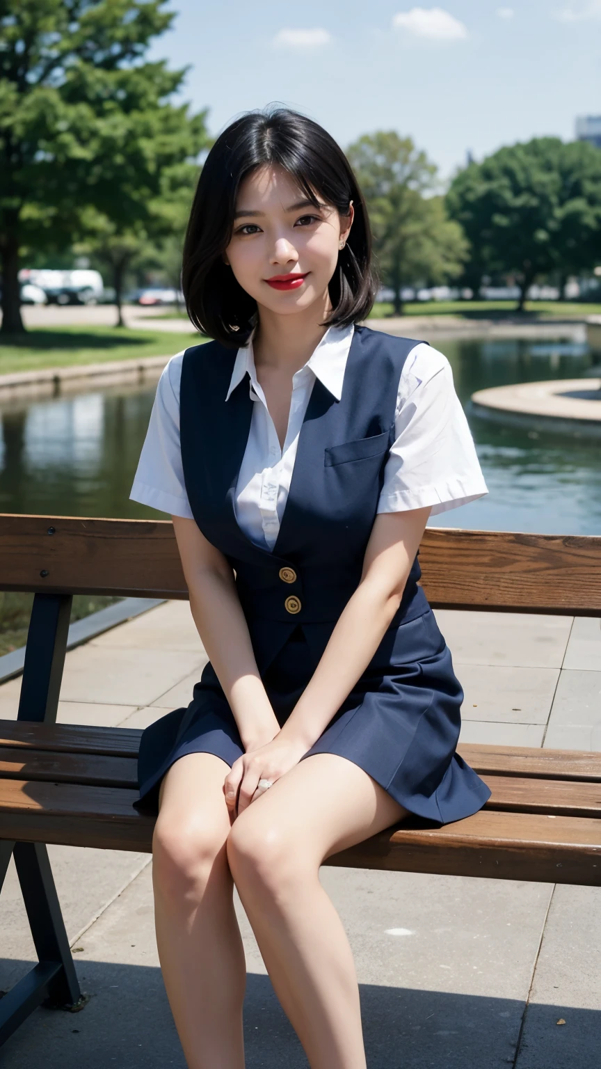 最high quality, In 8K, Masseter region, Vibrant, Sharp focus, high quality, High resolution, Detailed face, fine grain, Thick lips, (Looking at the audience), alone, Beautiful woman, 38 years old, Japanese women, （Short black hair:1.4）、（Bob Hair:1.4）, Cleavage, Lunch break、Large city park、Green Grass、In front of a big fountain、（sitting on a park bench:1.3）、（Full body photo:1）、（Japanese women）、（Mitsubishi Bank uniform:1.8）, （She is wearing a dark blue vest over a white blouse:1.5）, The vest has three gold buttons, （red, Blue and white ribbon around neck）、（Knee-length dark blue skirt）、（Black pumps:1.5）、（red lipstick:1）、（smile:1.3）、（standard body type）、（D cup breasts）