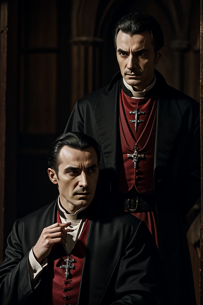 A priest with a bad face in Dracula's castle