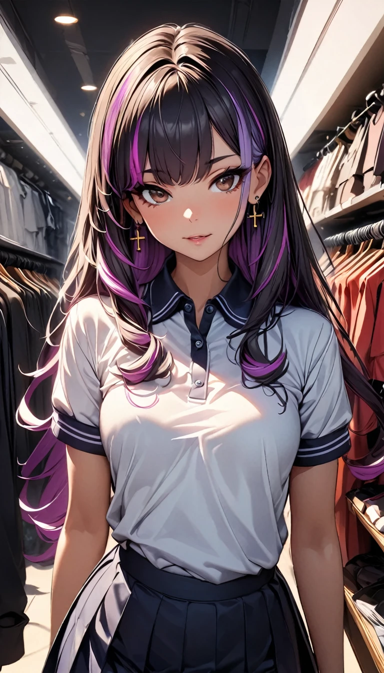 (highest quality:1.2, Very detailed, up to date, Vibrant, Ultra-high resolution, High Contrast, masterpiece:1.2, highest quality, Best aesthetics), Portraiture、girl、(25 years old:1), Bright colors、Beautiful fine details、Beautiful lip detail、long hair、black and purple ((streaked hair:1.6)), highlights hair: 1.5, brown eyes, cross earrings, slim body, small breast, shopping at a clothing store, polo shirts, skirt, Cowboy shot,