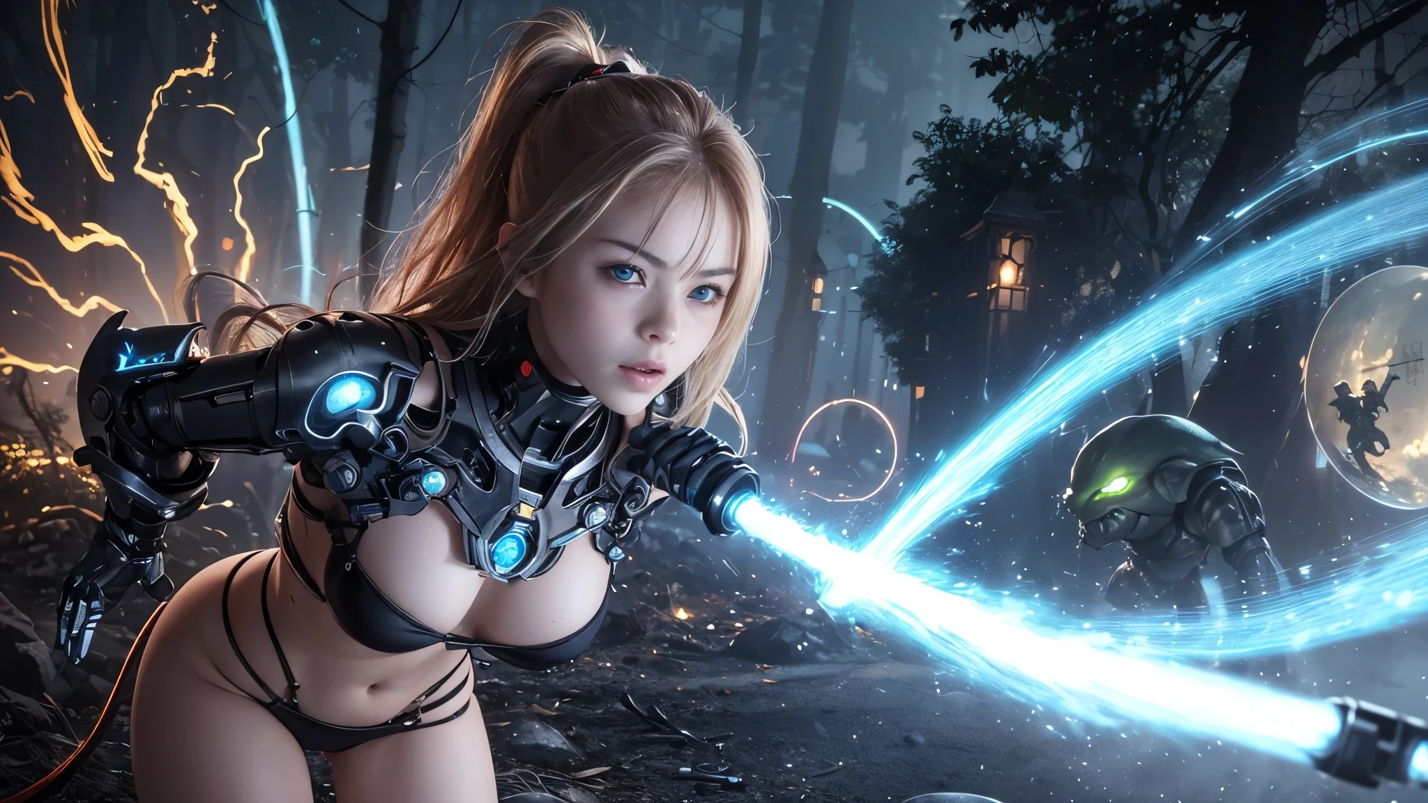 (1 mechanical cyborg girl) 、( Russian girl, European appearance)、maximum quality、Masterpiece artwork、Super high resolution、(photorrealistic:1.4)、CRU photo、1 Russian girl、Fight mutants、shining skin、(((1 Russian girl mechanic)))、With a beautiful knife、(Red body with metallic effect and riveted steel plates)、(Battle Cups、ogre、Fierce battle with orcs),(Fight the aliens furiously)、Fight fiercely、(Beautiful forest background)、(Fighting demonic beasts)、(small LED)、((super realistic details))、bring、(The story of a strong giant demonic beast),global illumination、shade、octane rendering、、Ultra-spicy、Raw skin is exposed when split、metalwork、Details of complex ornaments、Russian details、Very complex detailing、realistic light、(mystical expression),CGSoação Trends、blue colored eyes、radiant eyes、facing the camera、neon detailmechanical limbs)、(blood veins, connected to tubes)、(wires and cables, Plug-in in the head)、small LED、,Mechanical hips、swooping、(Hands are also made of machines)、(Attack of monstrous beasts)、
