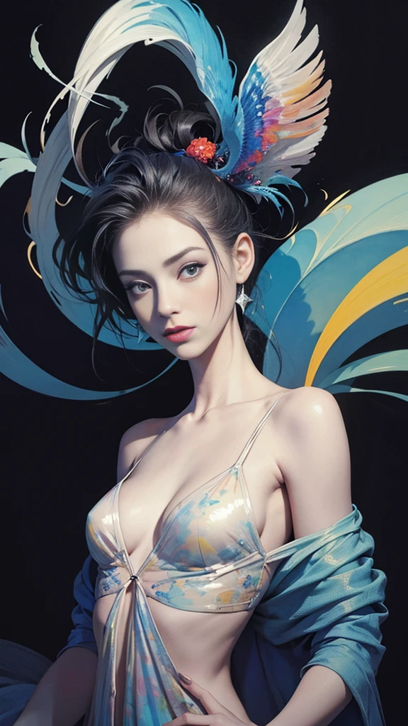 painting of woman, tumbler, figurative art, Intense watercolor painting, watercolor detailed art, Watercolor Splash, surreal, Avant-garde pop art, Beautiful and expressive paintings, Beautiful artwork illustration, very colorful tones, wonderful, cool beauty, birdland lullaby, highest quality,official art, women only, sharp outline, best shot, vector art, Written by Sandra Chevrier, Dave McKean、by Richard Avedon、Written by Makiezi Kusiala, luminous design