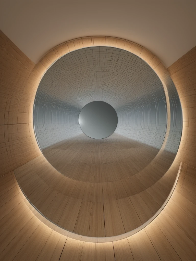 Generate a trick art image of a room where the floor appears to be a reflective surface, creating an illusion of an endless abyss below. The room should have modern furniture and bright lighting. The art style should be photorealistic, with a focus on creating a convincing mirror effect.
