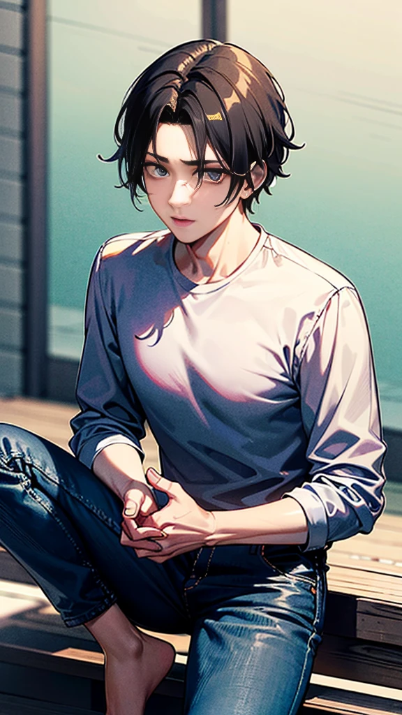 The person is also generated vertically.Background is a little horror.Create a highly detailed image of a mysterious and thoughtful young man in a crouched position. The character should have spiky black hair, large expressive eyes with dark circles, and a pale complexion. He is dressed in a loose-fitting white long-sleeve shirt and dark blue jeans. His pose is distinctive, with one hand near his mouth and the other resting on the ground for balance, and he is barefoot. 