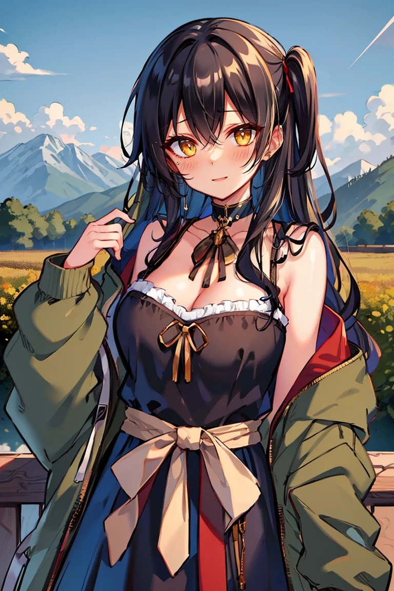 (masterpiece:1.2), (high quality:1.2), (hui xiyi:0.7), rekkyo sensen, rekkyou sensen, girls with((1girl, solo, black hair, yellow eyes, (wavy long hair, one side up:1.3), blush, breasts, choker, cleavage, coat, cowboy shot, blue lace dress, black ribbon belt, red bow, red ribbon, neck ribbon, fur, khaki jacket, hood down, hooded coat, hooded jacket, hoodie, jacket, large breasts, long hair, long sleeves, medium breasts, open clothes, open coat,open hoodie, sleeveless, winter clothes, zipper, cleavage, upper body, hand up, waving, palm)), background with((architecture, blue sky, bush, castle, village, no humans, cloud, cloudy sky, day, field, garden, grass, hill, house, lamppost, landscape, mountain, mountainous horizon, nature, no humans, outdoors, scenery, shrine, sky))