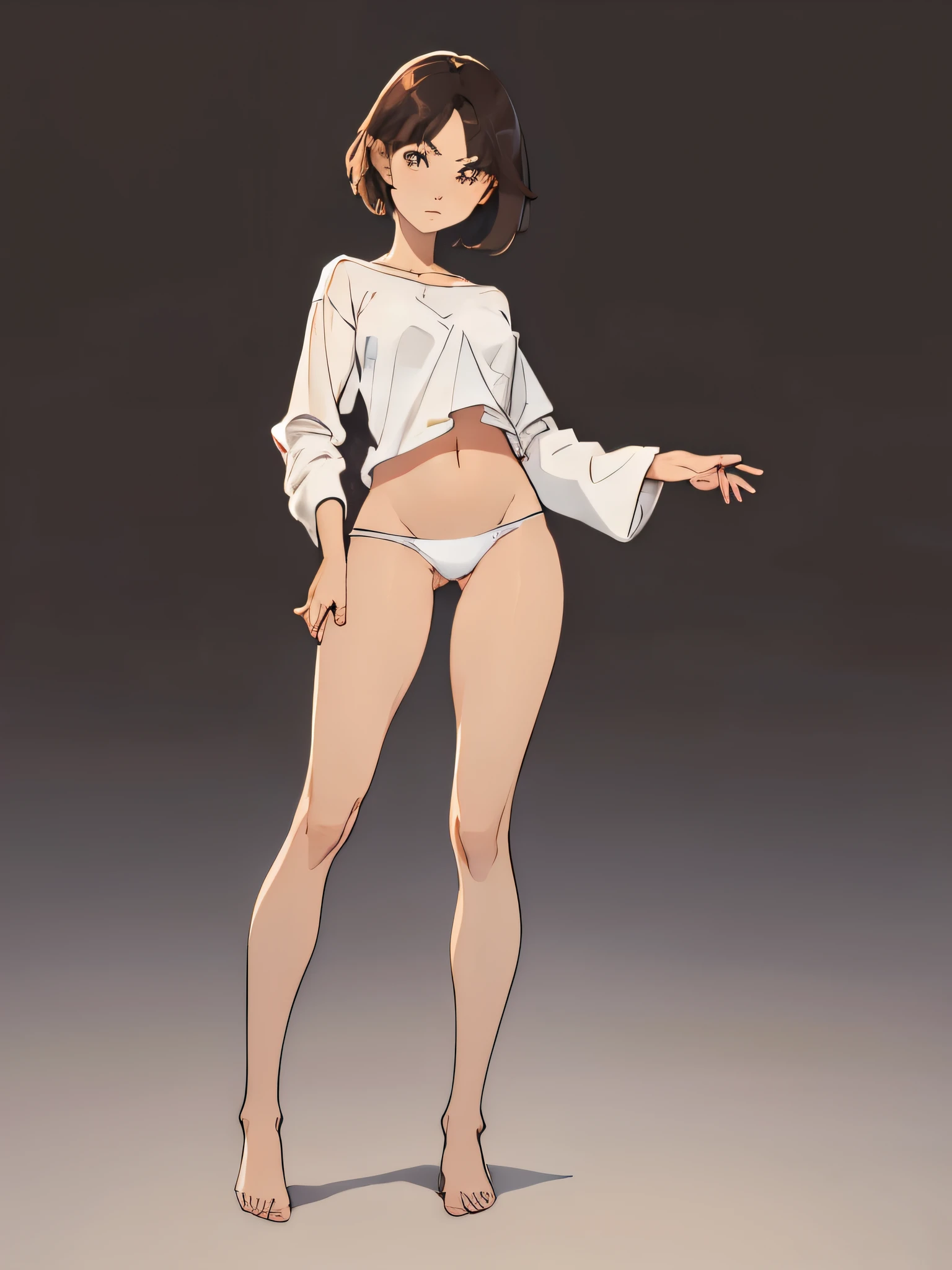 ((Medium Shot)), beautiful girl, slender, very short brown hair, wear a white long-sleeved T-shirt, white bikini panties , Perfect hands, Perfect body, put her feet on the table., barefoot, The eyes out of sight , ((Exquisite detail)), Very finely crafted fingers(((10 fingers))), , (Full-body showcase), (Show your whole body), (No logos on background), (No logo), ((Plain background)), ((Plain background)), bare foot, The camera frame is taken from below.,