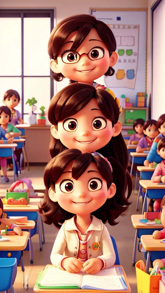 A cheerful kindergarten classroom with colorful decorations. The teacher, smiling, is holding a bag of potatoes and explaining the assignment to the children. The children, sitting at their desks, look curious and attentive.