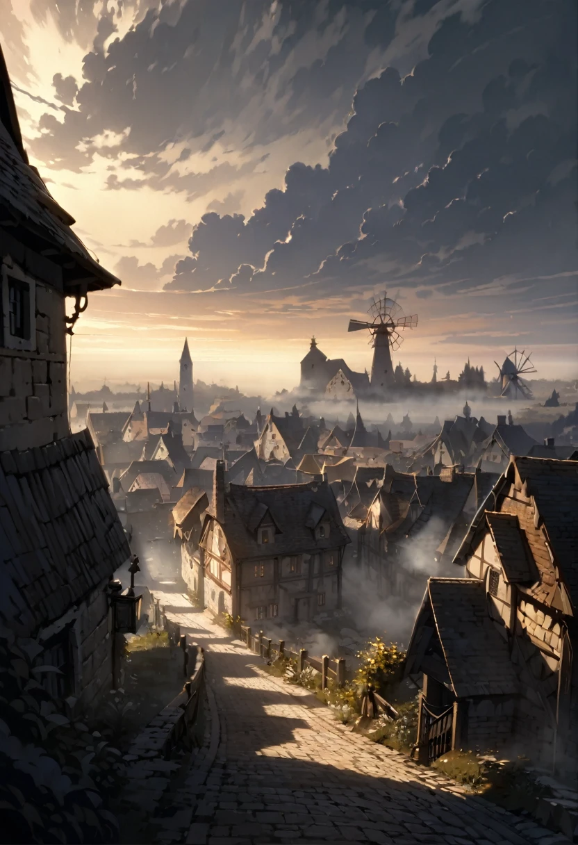 (masterpiece:1.2, Best Quality), (finely detailed beautiful eye: 1.2), High contrast, (Best Illumination, extremely delicate and beautiful), ((Cinematic Light)),masterpiece, best quality, fog, mist, european medieval town by sea, gray plants, gray trees, windmill, aged brick buildings, lamp posts, mountains in distance, windy, clouds, early evening, gloomy,