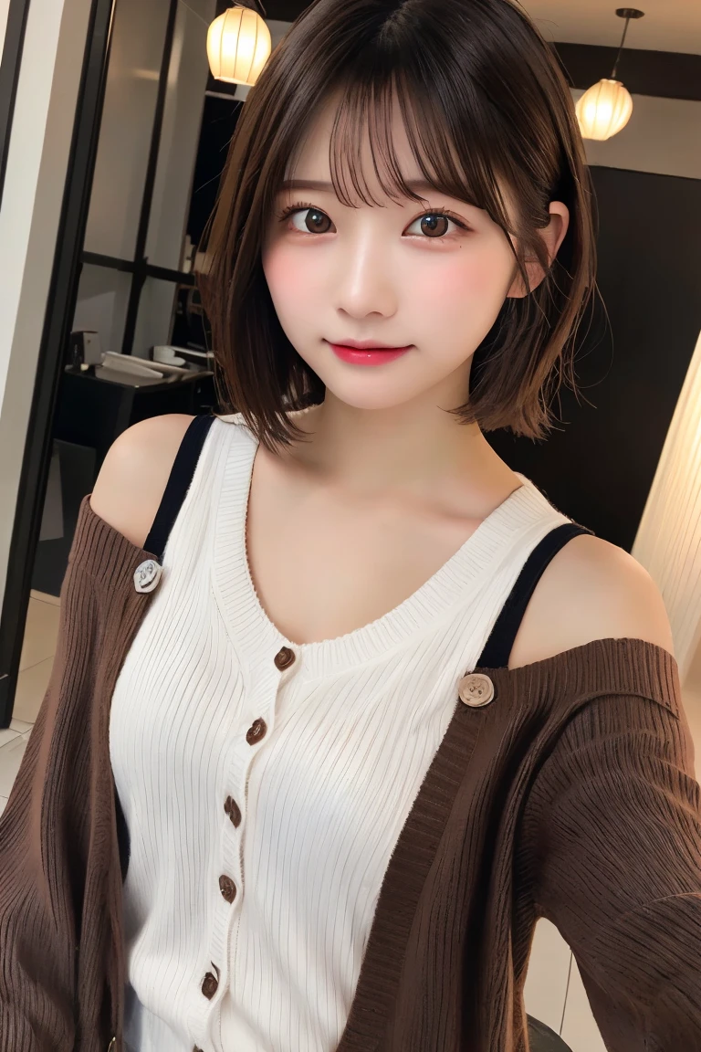 Highest quality、(beautiful)、Precision Eyes、Fine skin、Brown eyes、22-year-old female、Brown Hair、looking at the camera、Gal、Semi-short hair、Long sleeve cardigan、Selfie、Precision Hands、Open your mouth、Off the shoulder、Removed button、hot spring
