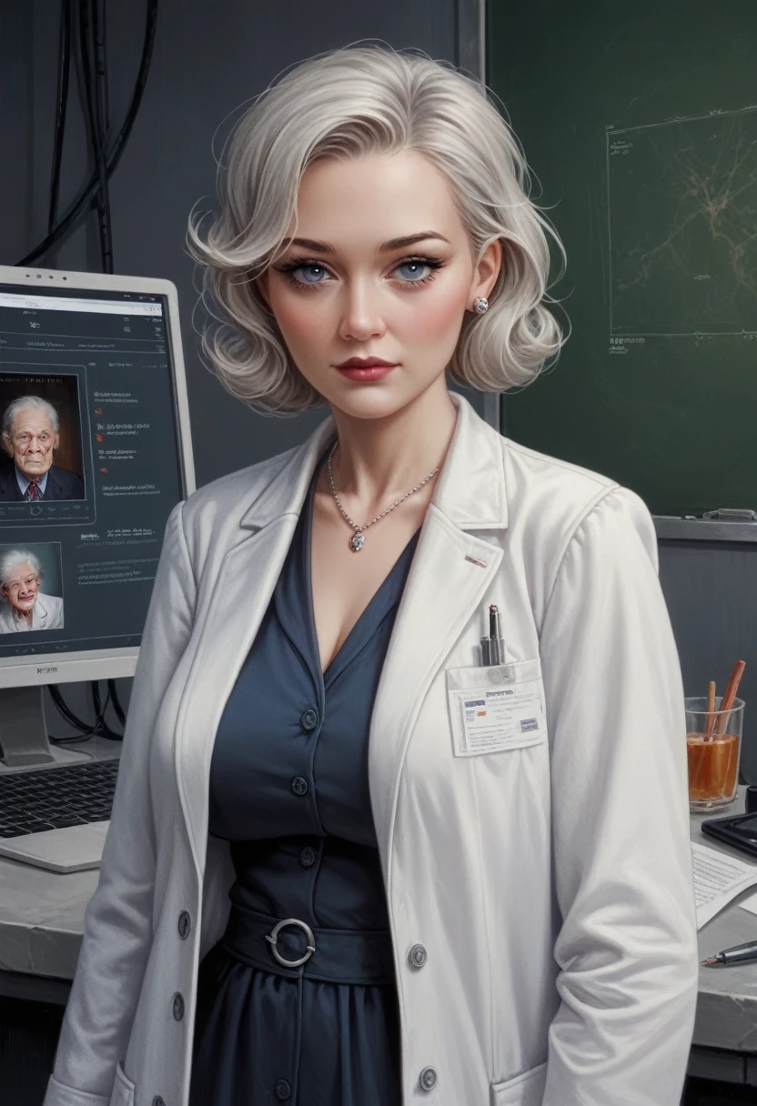 hyperrealistic art cinematic film still lower angle photography in the style of detailed hyperrealism photoshoot . (widehips) Extremely high-resolution details, photographic, realism pushed to extreme, fine texture, incredibly, elderly woman, short gray hair, lab coat in dark laboratory