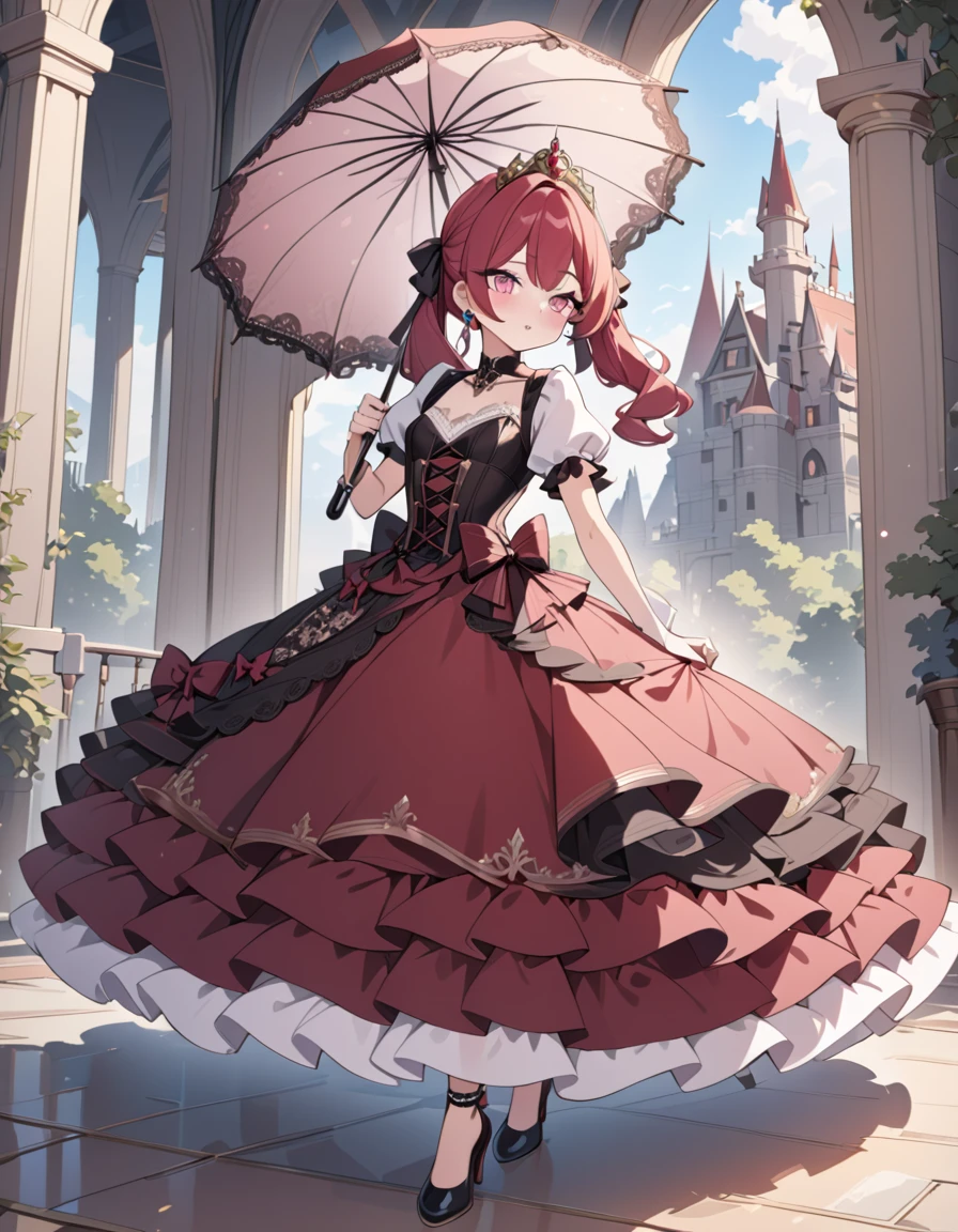 (best quality,4k,8k,highres,masterpiece:1.2),ultra-detailed, Pretty princess, drawn in anime style, is cute and joyful, long red pigtails hair, pink eyes, small breast, lipstick, makeup, pink eyeshadow, steampunk, red and white princess gown with puffy sleeves, Dominant shades of red, physically-based rendering,gorgeous dress design,flowing gown,elaborate lace details,rich textures,contrast stitching,delicate ribbon bows,floral accents,long maxi skirt,short sleeves,fitted waistline,lace-up back,luxurious fabrics,flawless silhouette, petticoat, bustle, corset, hair ribbons, white elbow gloves, ruby earrings and necklace, gold tiara, high heels, holding a lacy umbrella, walking in castle garden, beautiful sunny and cloudy sky.