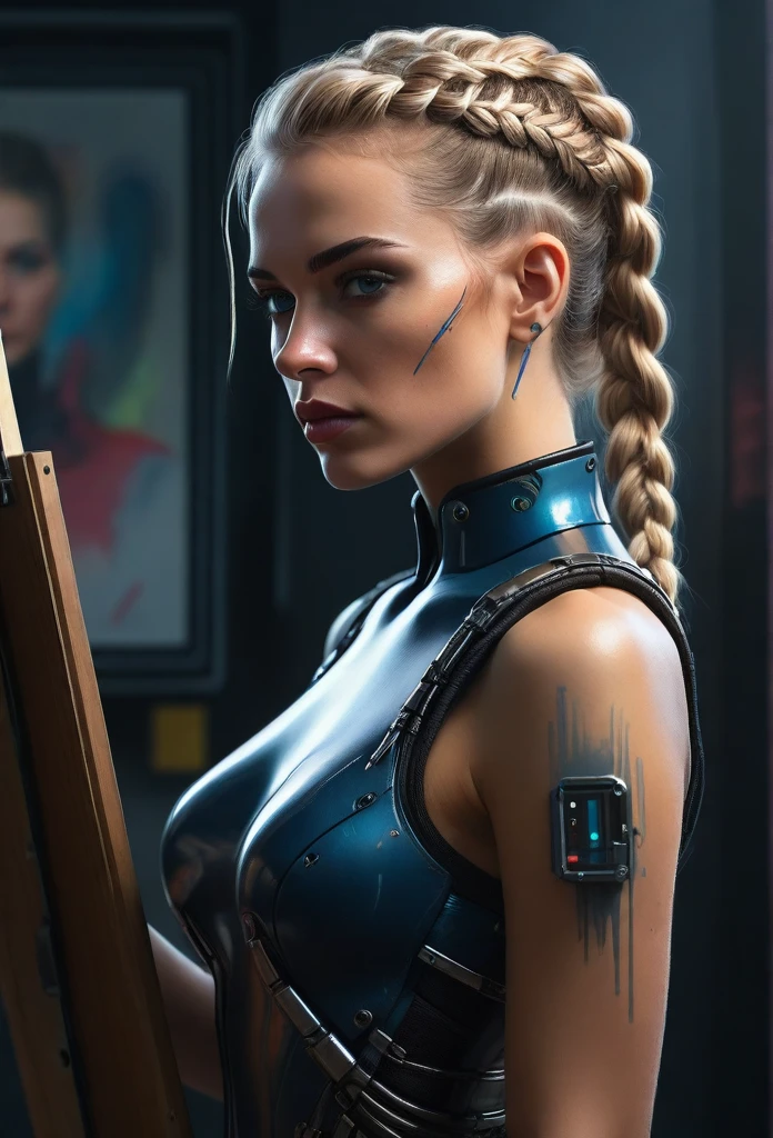 a sexy cyborg woman with a french braid and blonde hair, standing full-length, drawing a self-portrait in oil paints, an easel, paints, (best quality, 4k, 8k, highres, masterpiece:1.2), ultra-detailed, (realistic, photorealistic, photo-realistic:1.37), highly intricate details, exquisite lighting, cinematic composition, dramatic colors, moody atmosphere, science fiction, cyberpunk, digital painting