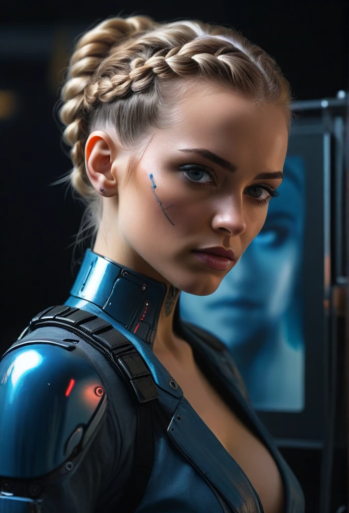 a sexy cyborg woman with a french braid and blonde hair, standing full-length, drawing a self-portrait in oil paints, an easel, paints, (best quality, 4k, 8k, highres, masterpiece:1.2), ultra-detailed, (realistic, photorealistic, photo-realistic:1.37), highly intricate details, exquisite lighting, cinematic composition, dramatic colors, moody atmosphere, science fiction, cyberpunk, digital painting